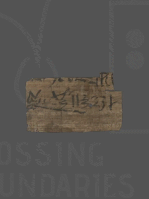 The animated GIF presents the "ghoster" feature of the Virtual Light Table. A papyrus fragment is depicted on the desktop. While clicking a little button with a ghost picture on top, the back of the fragment is shown - but mirrored, such that the user can immediately see where there are ink remains ghosting through the papyrus material.