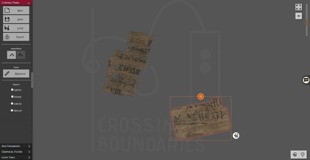 The screenshot shows the interface of the Virtual Light Table. On the left, there is a toolbar/sidebar where you can load, save and export the table. In the center, there is the table itself showing two currently loaded papyrus fragments. One of the fragments is selected. More interface elements are in the top right (zoom), on the right side (annotations) and on the bottom right (toggle light, turn the table).